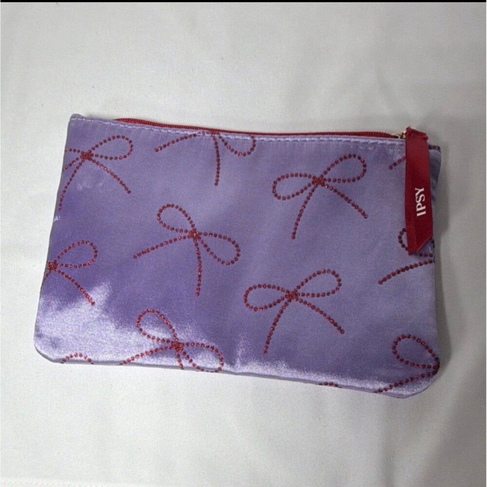 Bag Ipsy Glam Bag Satin Purple Makeup Bag with Bow Pattern and Red Zipper